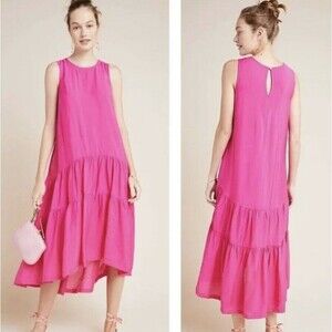 Anthropologie Maeve Marlene Tiered Maxi Dress In Pink Sleeveless Women's Sz S